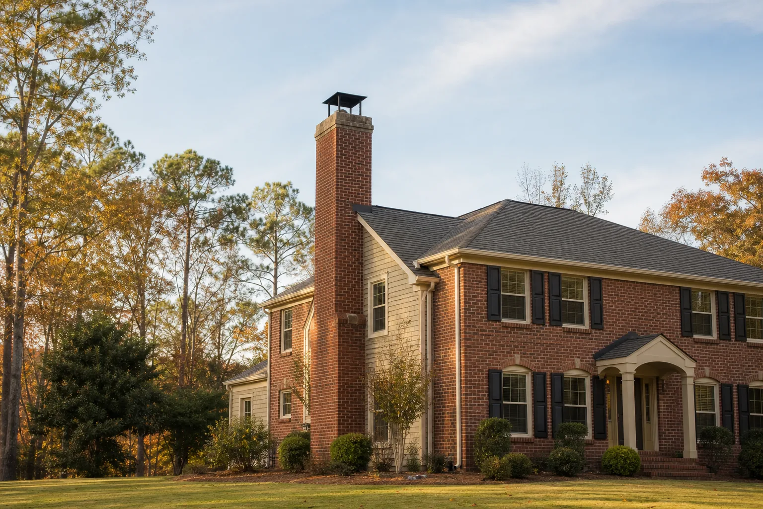Chimney sweep Alpharetta homeowners need: brick masonry chimney on a north Fulton house in autumn light