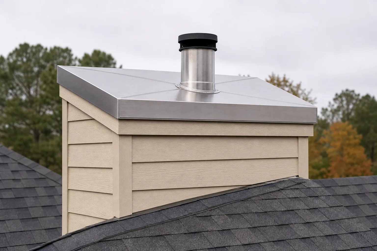 Chimney sweep Alpharetta repair: the same chase fitted with a new stainless steel chase cover, same angle