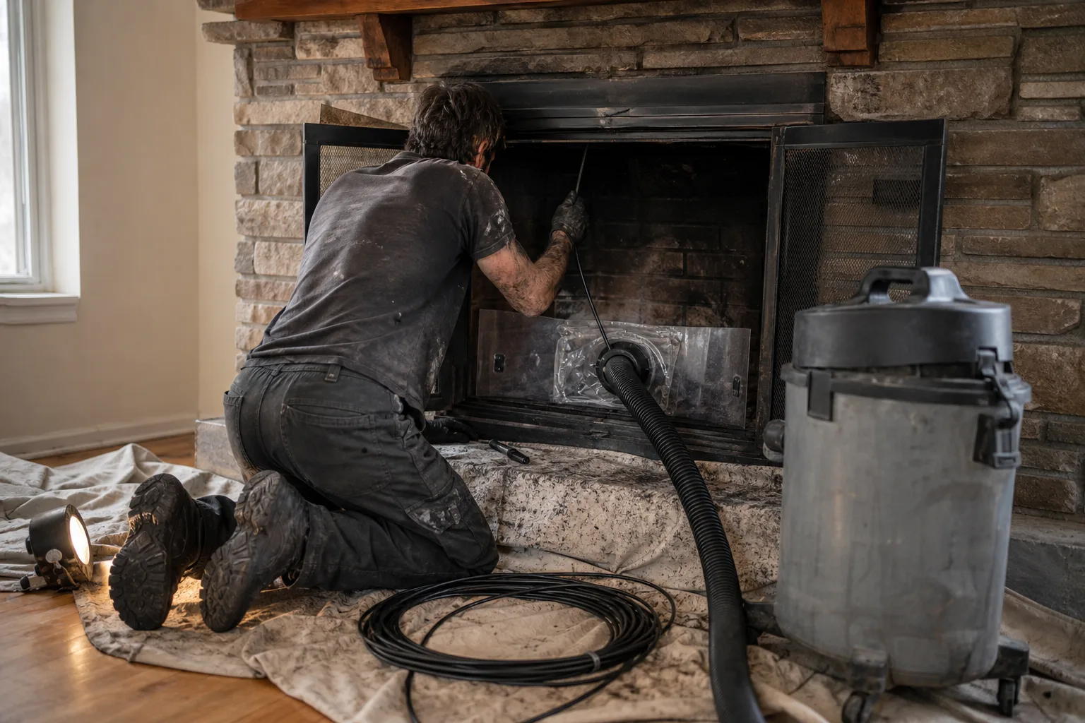 Chimney sweep Alpharetta technician brushing a flue with rods and a sealed HEPA vacuum at the firebox