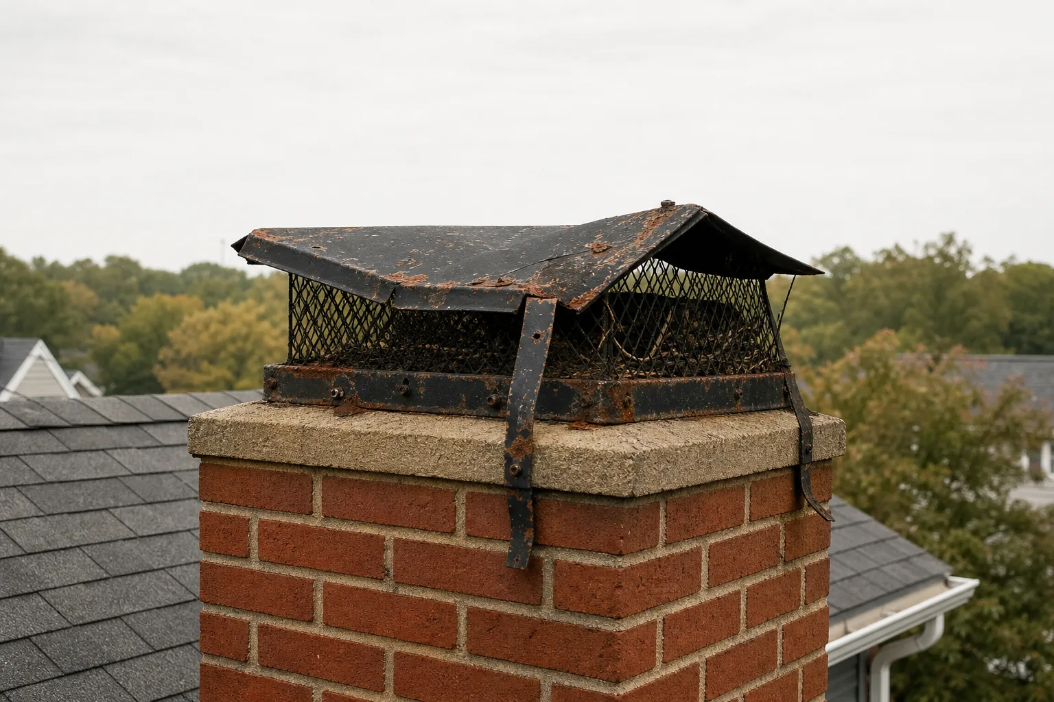Metal chimney caps before replacement: a rusted galvanized cap with a bent lid and torn straps