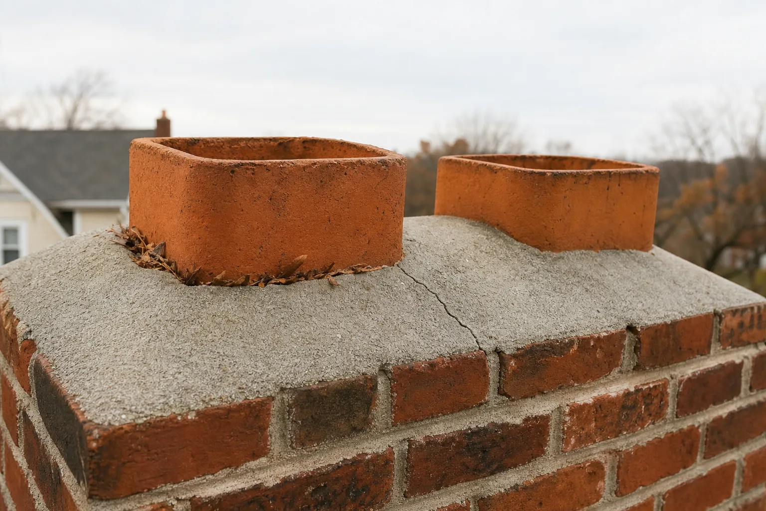 Metal chimney caps start here: clay flue tiles protruding above a masonry chimney crown