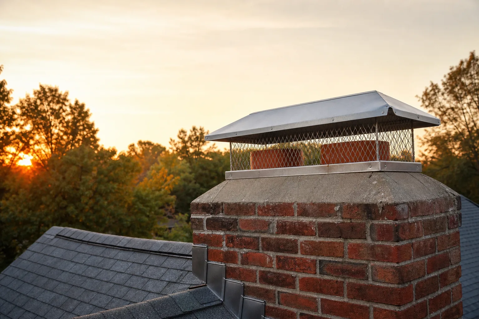 Metal chimney caps: a stainless multi-flue cap on a brick chimney at golden hour