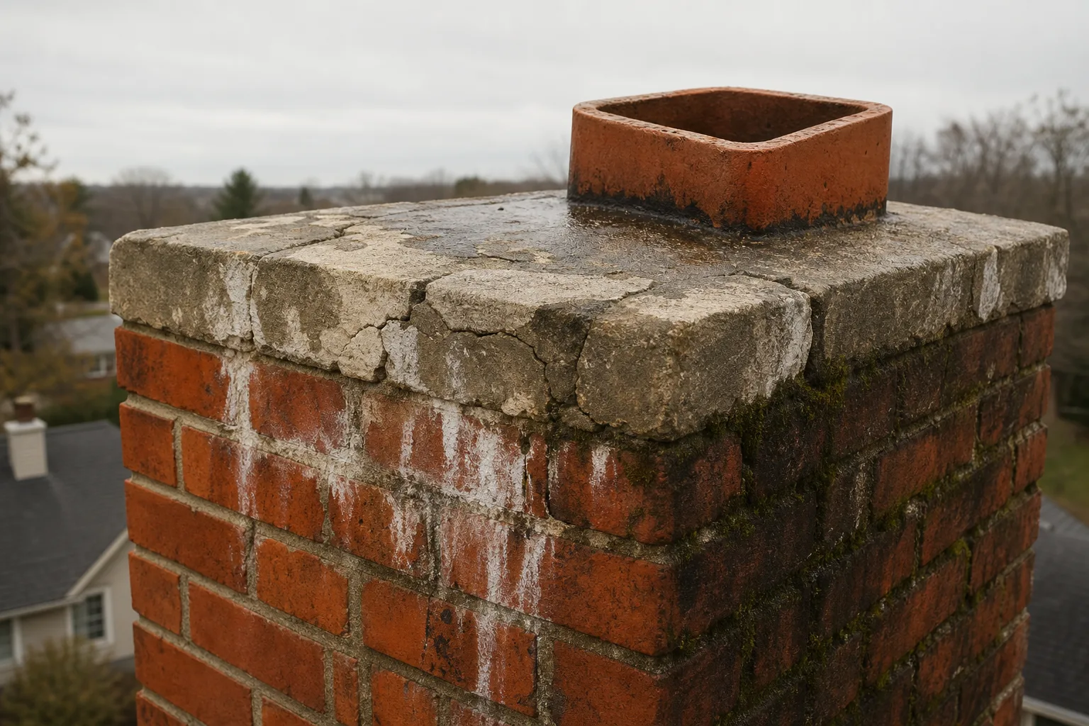 Metal chimney caps prevent this: water staining and a cracked crown on an uncapped chimney