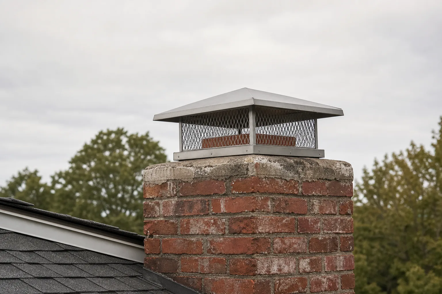 Metal chimney caps after replacement: a stainless cap with a pitched lid on the same chimney