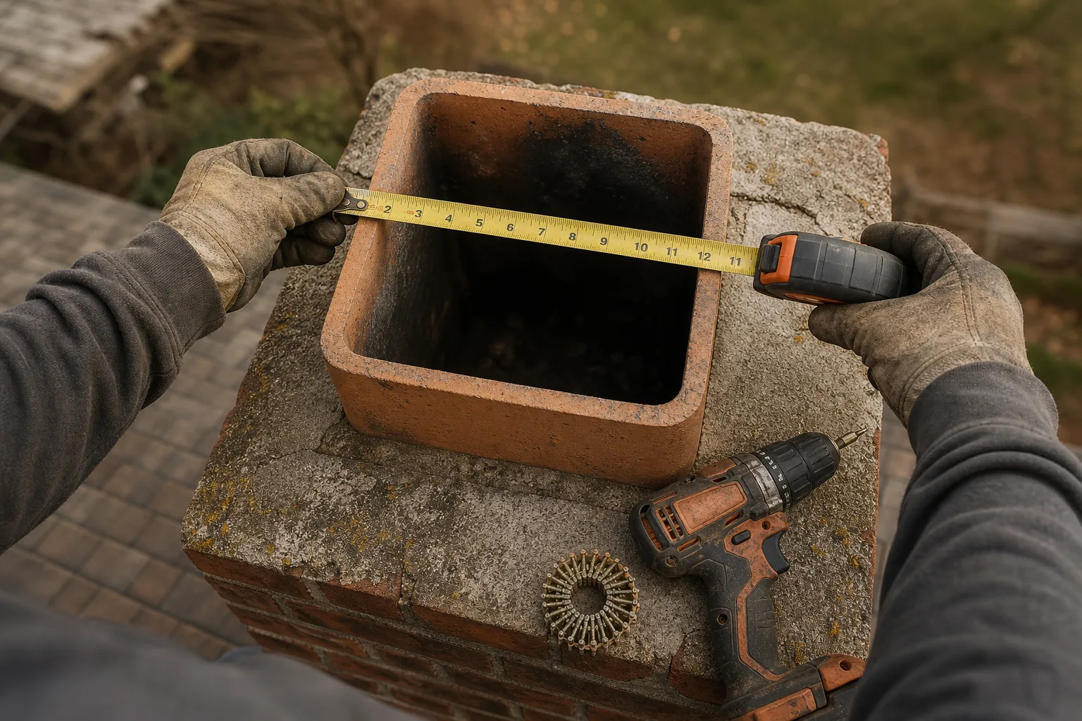 Metal chimney caps sizing: a tape measure across the outside of a clay flue tile