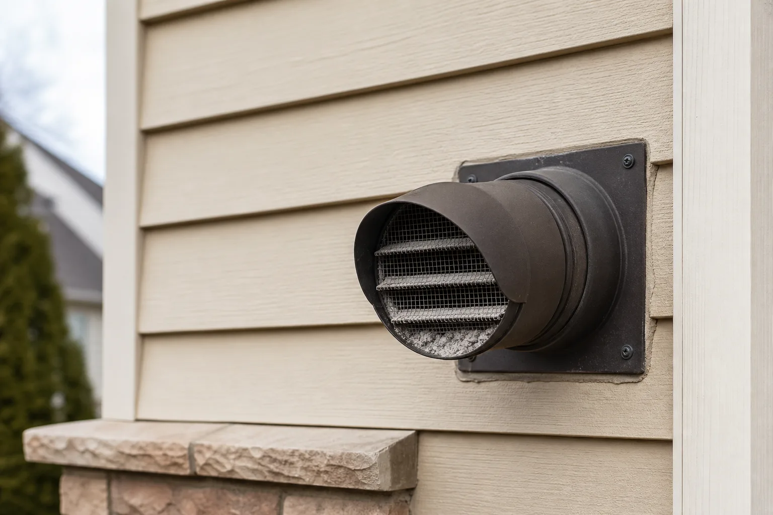 Pellet stove maintenance near me: an exterior pellet vent termination cap with fly ash buildup