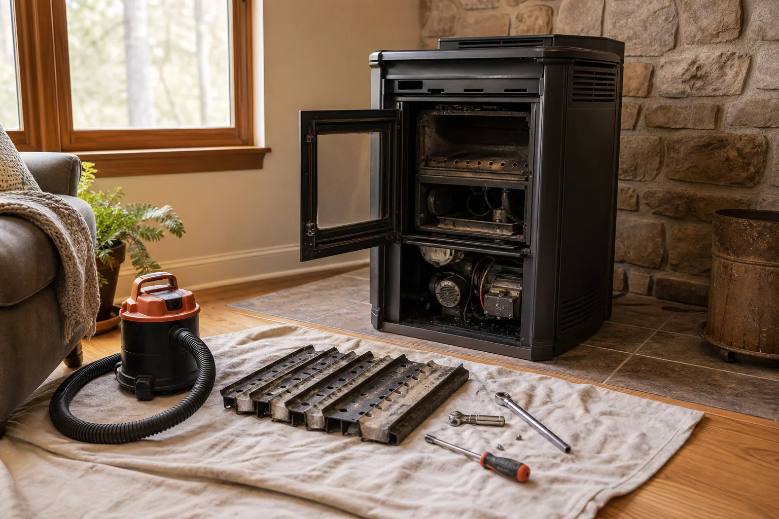 Pellet stove maintenance near me: heat exchanger plates removed during a full annual service