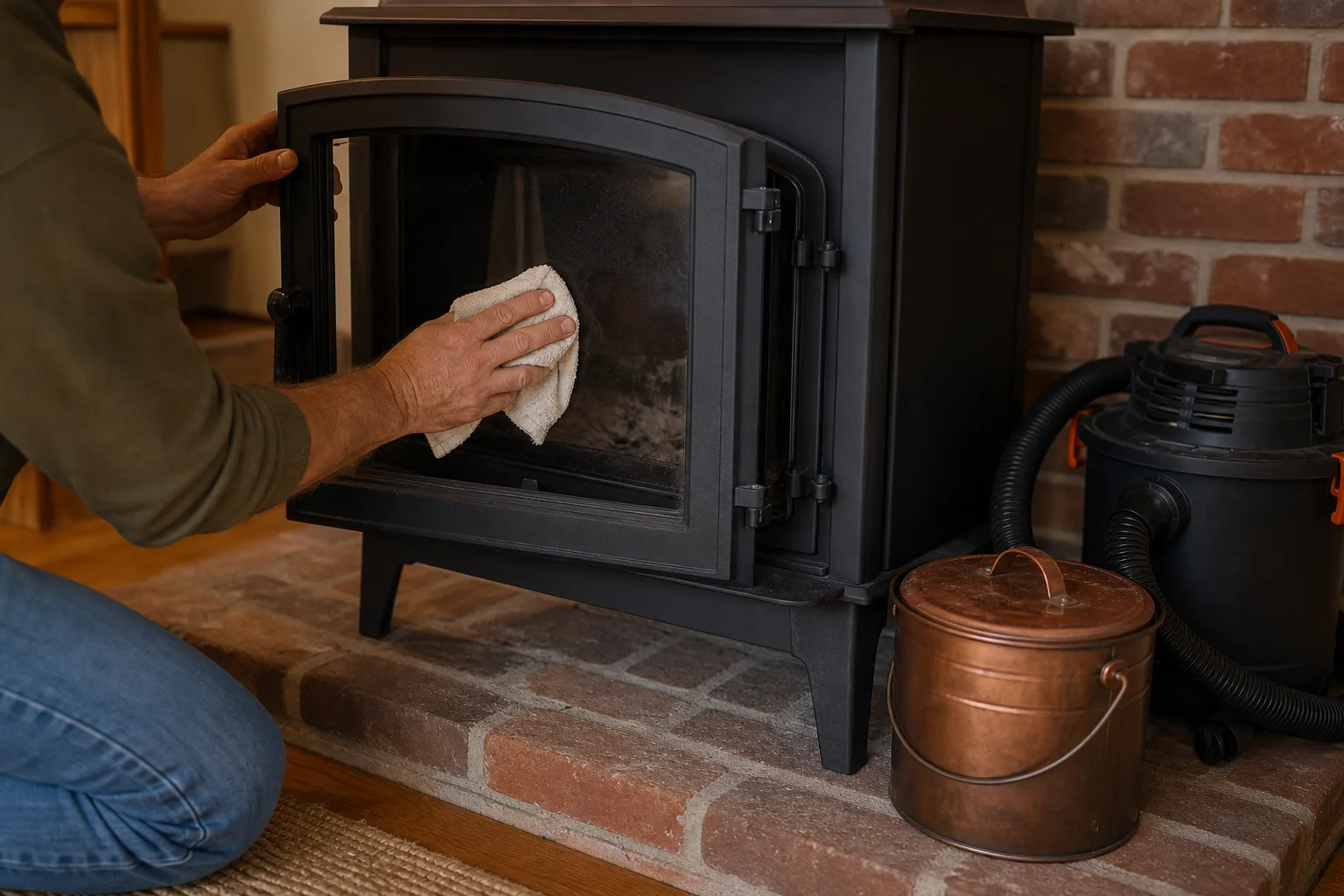 Pellet stove maintenance near me: a homeowner cleaning the stove glass between professional visits
