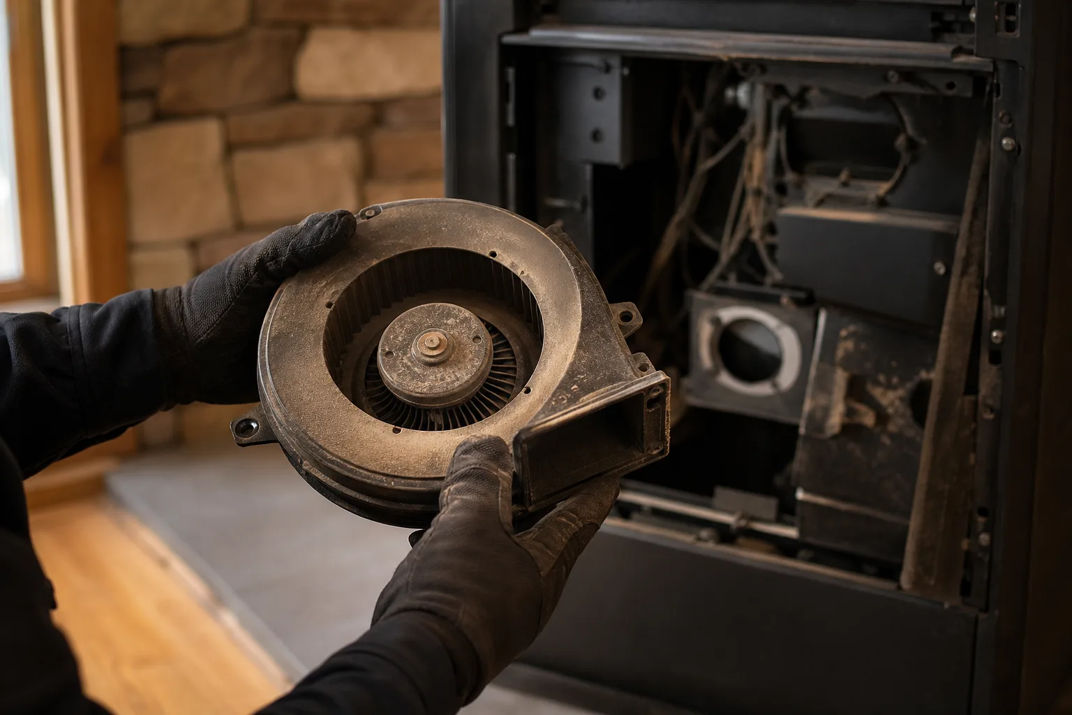 Pellet stove maintenance near me: a combustion blower removed for cleaning during service