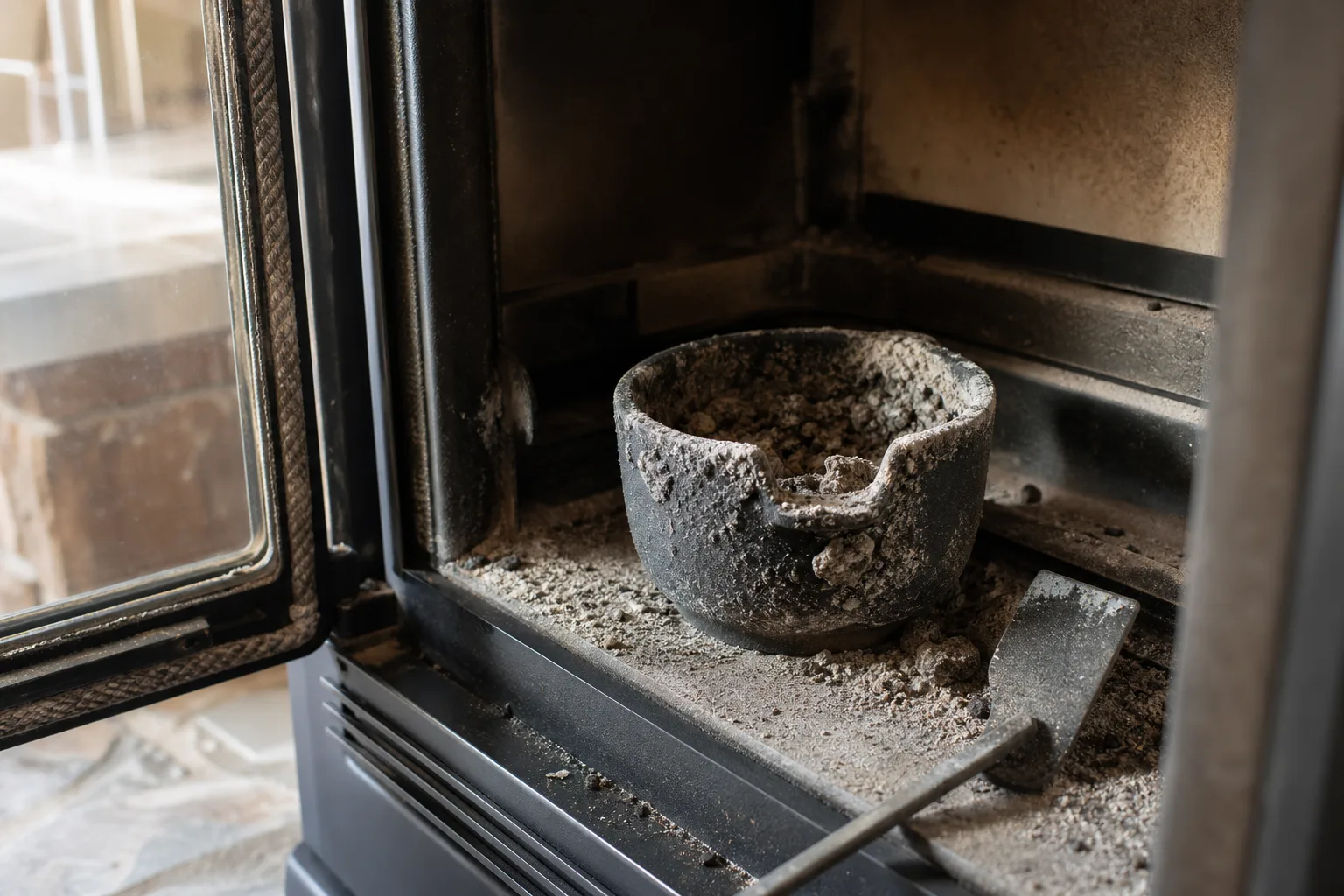 Pellet stove maintenance near me: a fouled firepot with ash crust and a scraper tool