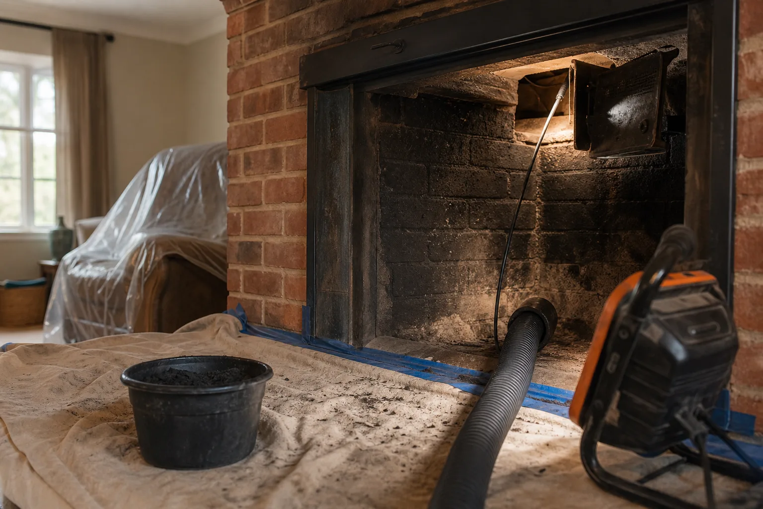 chimney sweep CT camera inspection of a soot-blackened clay tile flue above the damper