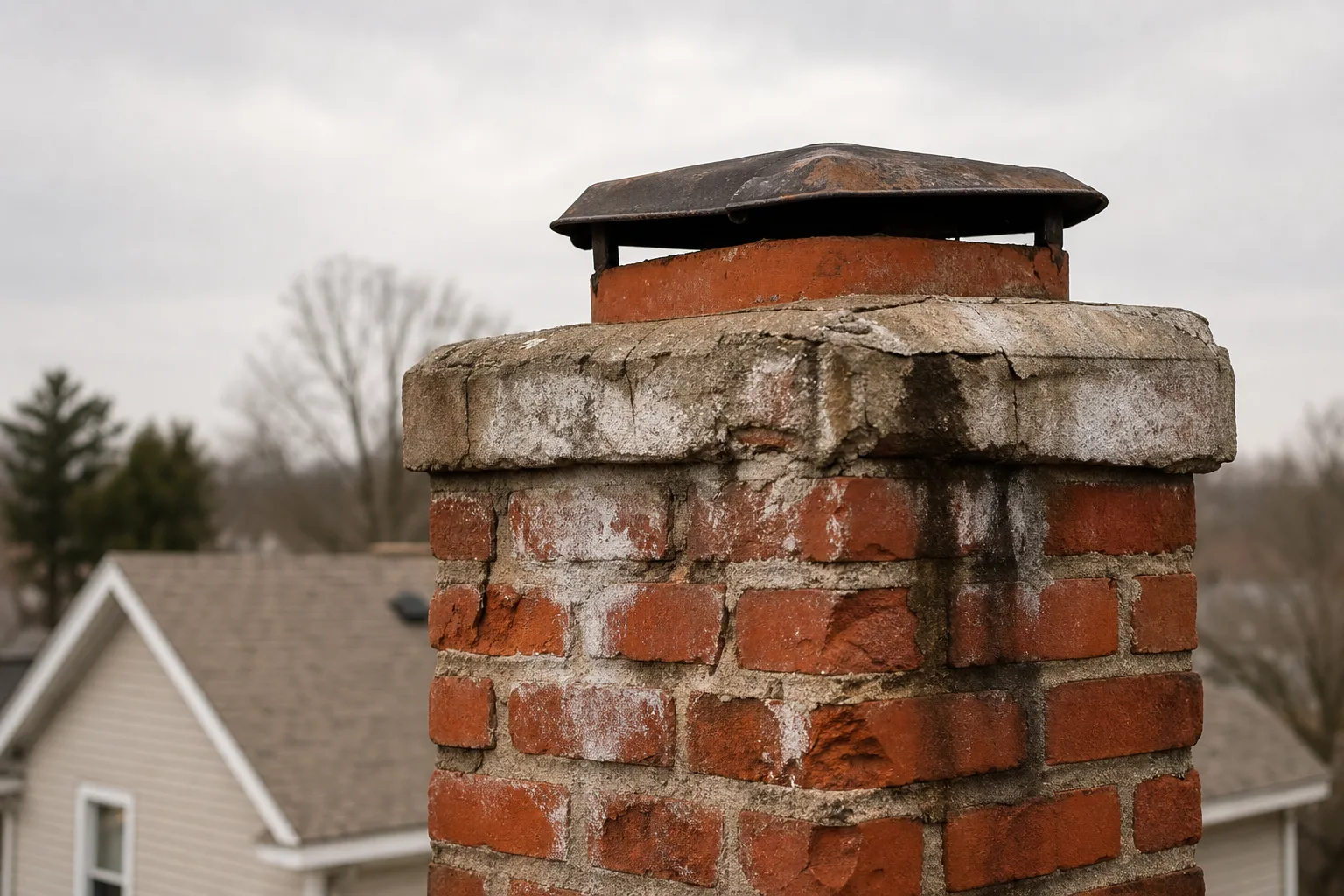 chimney sweep CT inspection view of eroded mortar joints and a cracked chimney crown