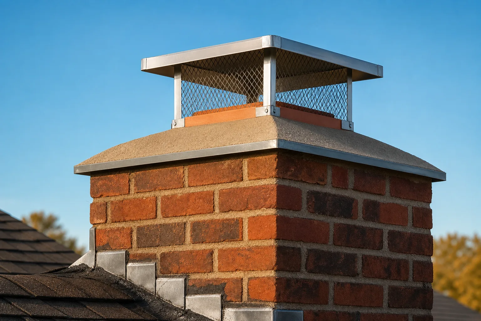 chimney sweep CT detail of a stainless chimney cap and repaired concrete crown
