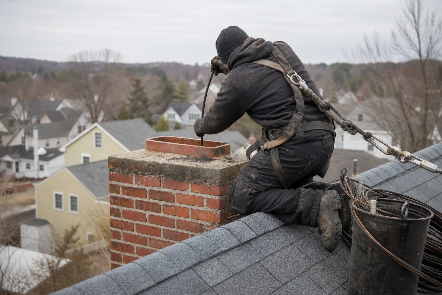 chimney sweep CT at work on a roof feeding brush rods into a clay flue tile