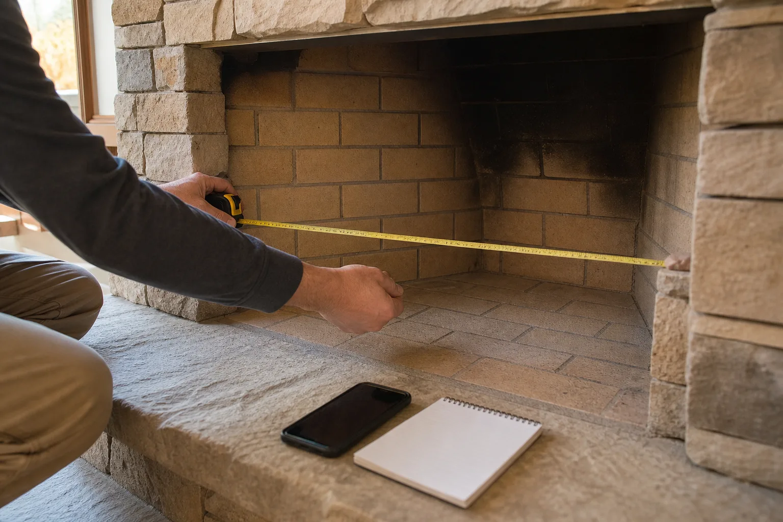 Fireplace showcase preparation, measuring a sooty firebrick firebox opening with a tape measure before shopping