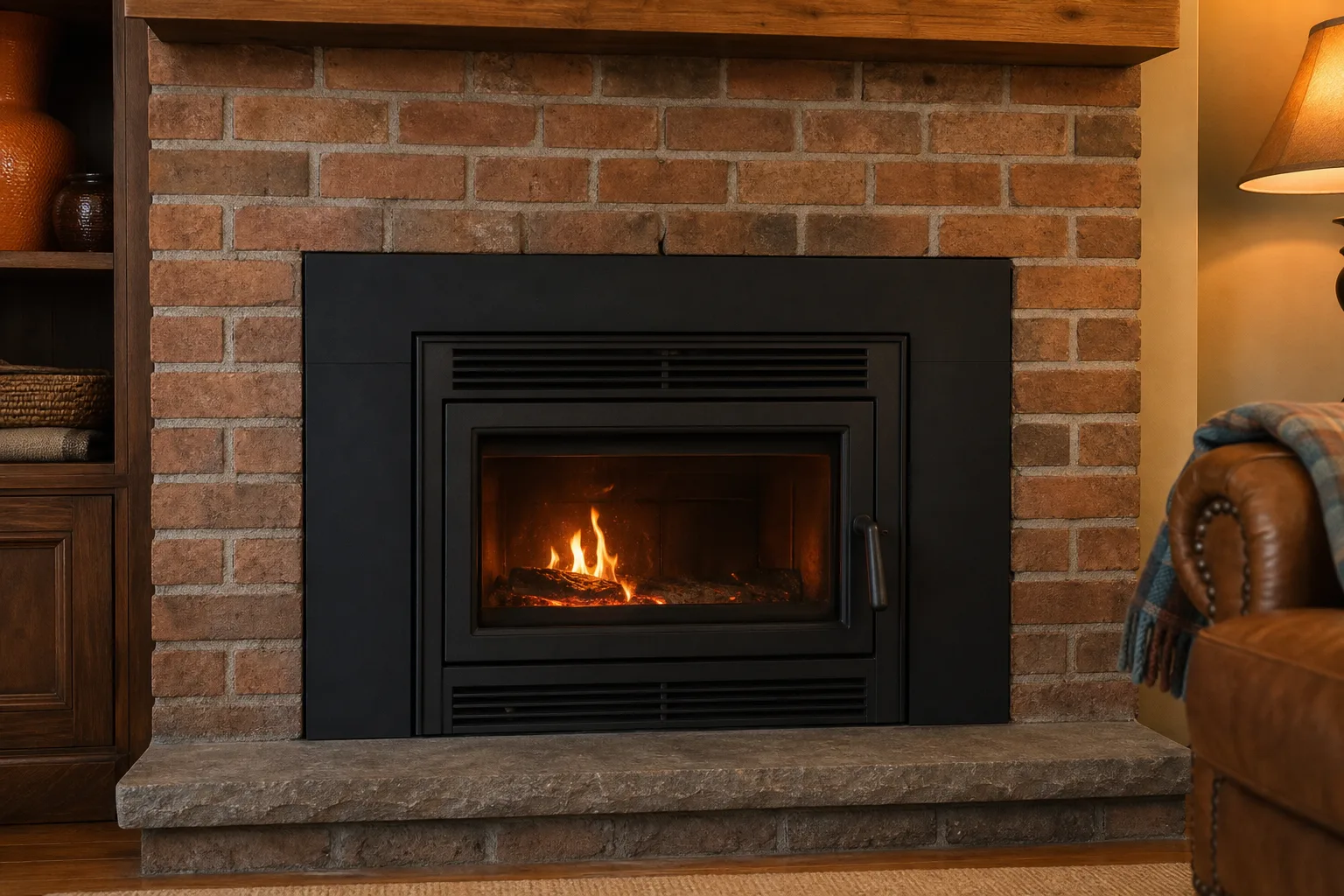 Fireplace showcase unit installed at home, a wood insert with glass door and steel surround set into a masonry fireplace