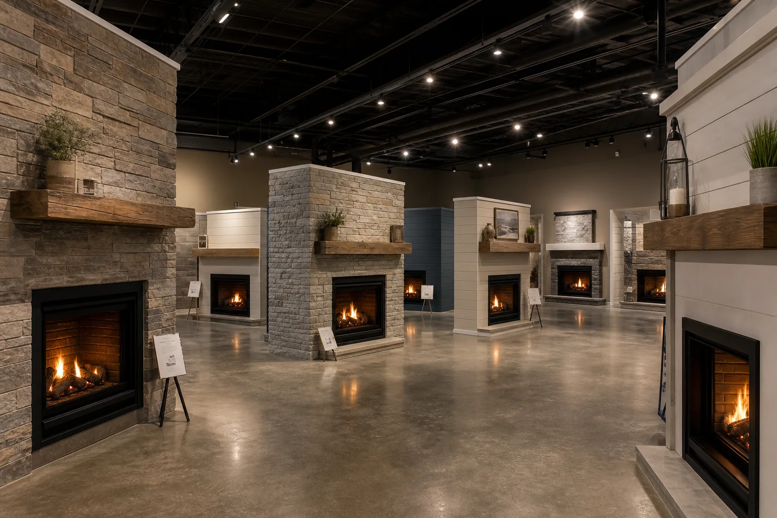 Fireplace showcase floor with live-burning inserts set into stacked stone and tile display walls