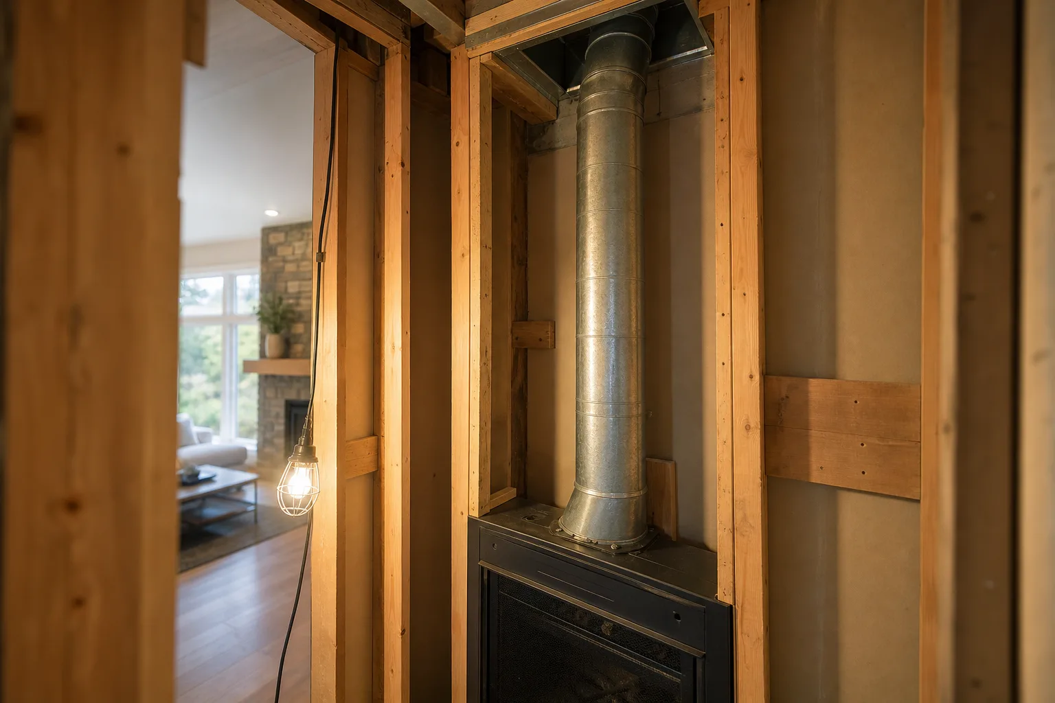 Fireplace showcase display wall seen from behind, showing sheet metal vent pipe and framing instead of a chimney