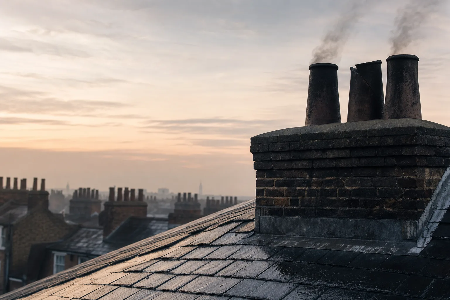 chimney sweep kid era rooftop: soot-blackened Georgian London brick stack with blackened clay chimney pots at dawn