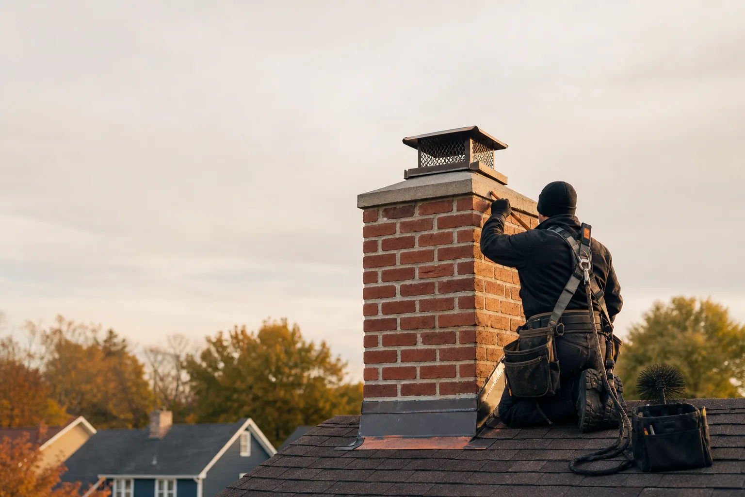 Fireplace chimney repair technician inspecting a brick stack from a residential rooftop