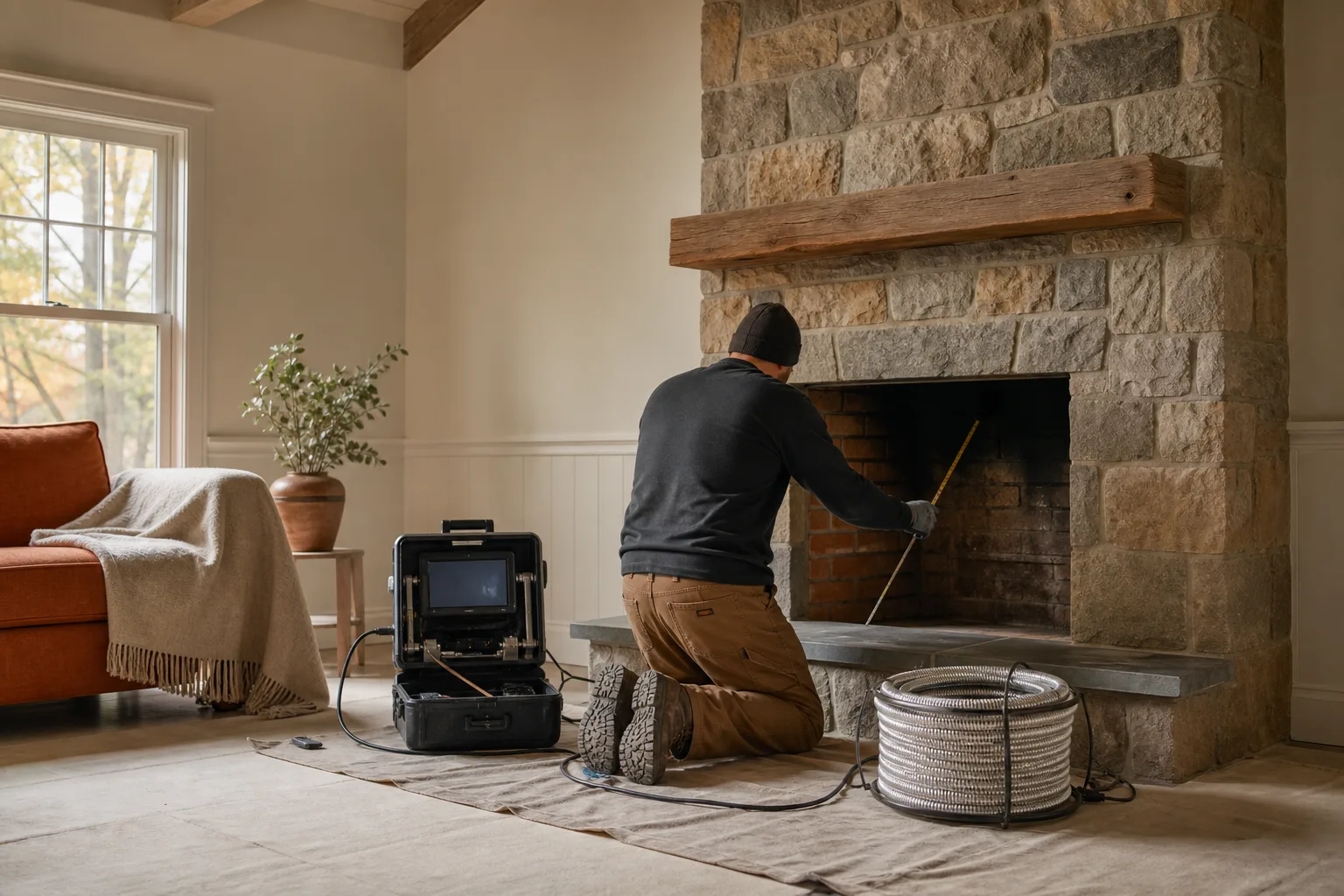 Fireplace insert installation assessment inside a living room with an existing masonry fireplace Fireplace insert installation assessment inside a living room with an existing masonry fireplace