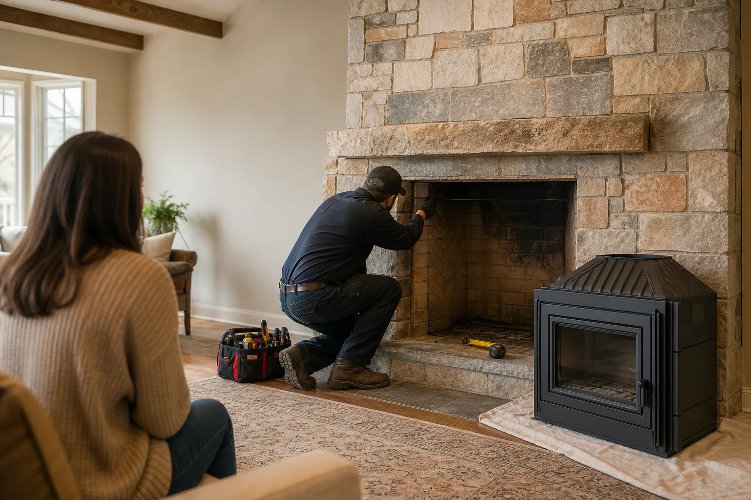 Fireplace inserts near me displayed beside a technician inspecting a masonry fireplace