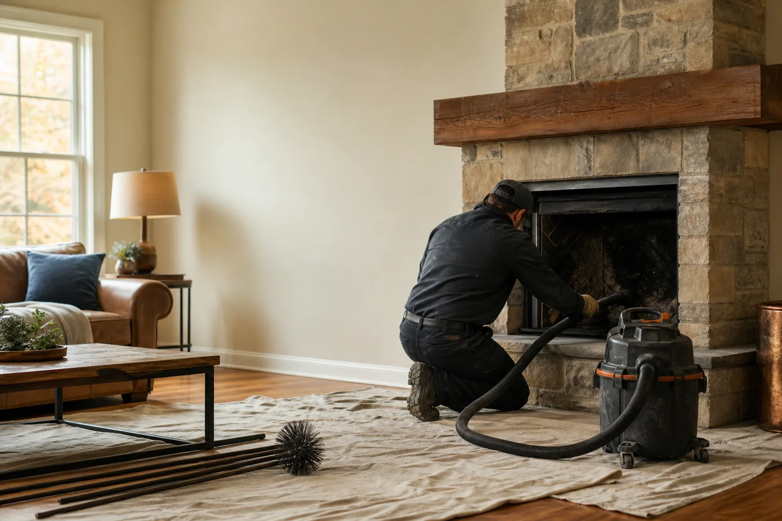 Fireplace sweepers near me: a technician working at an open masonry fireplace with drop cloths and vacuum containment in place