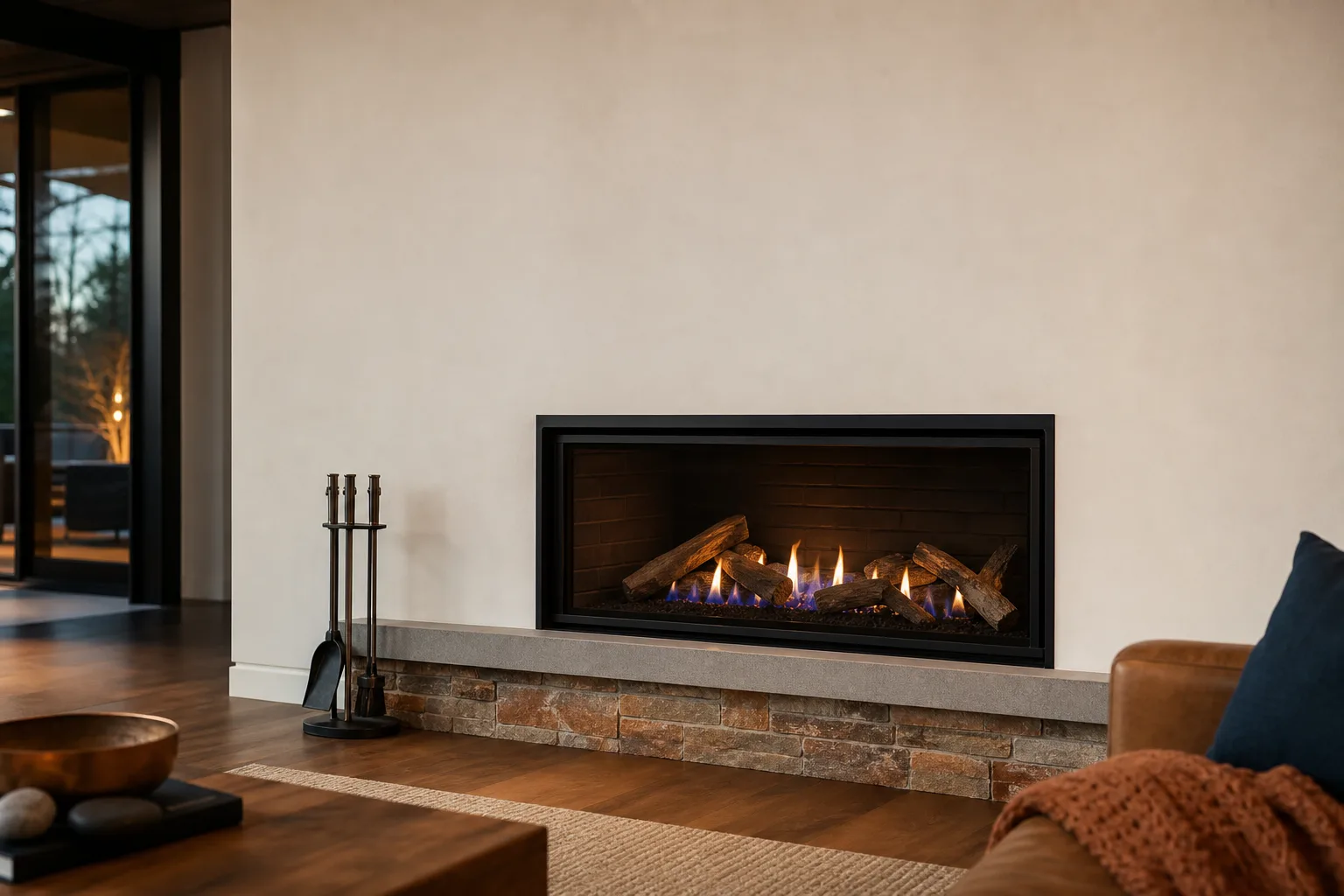 Glass-front gas fireplace with ceramic logs burning low in a modern living room Glass-front gas fireplace with ceramic logs burning low in a modern living room