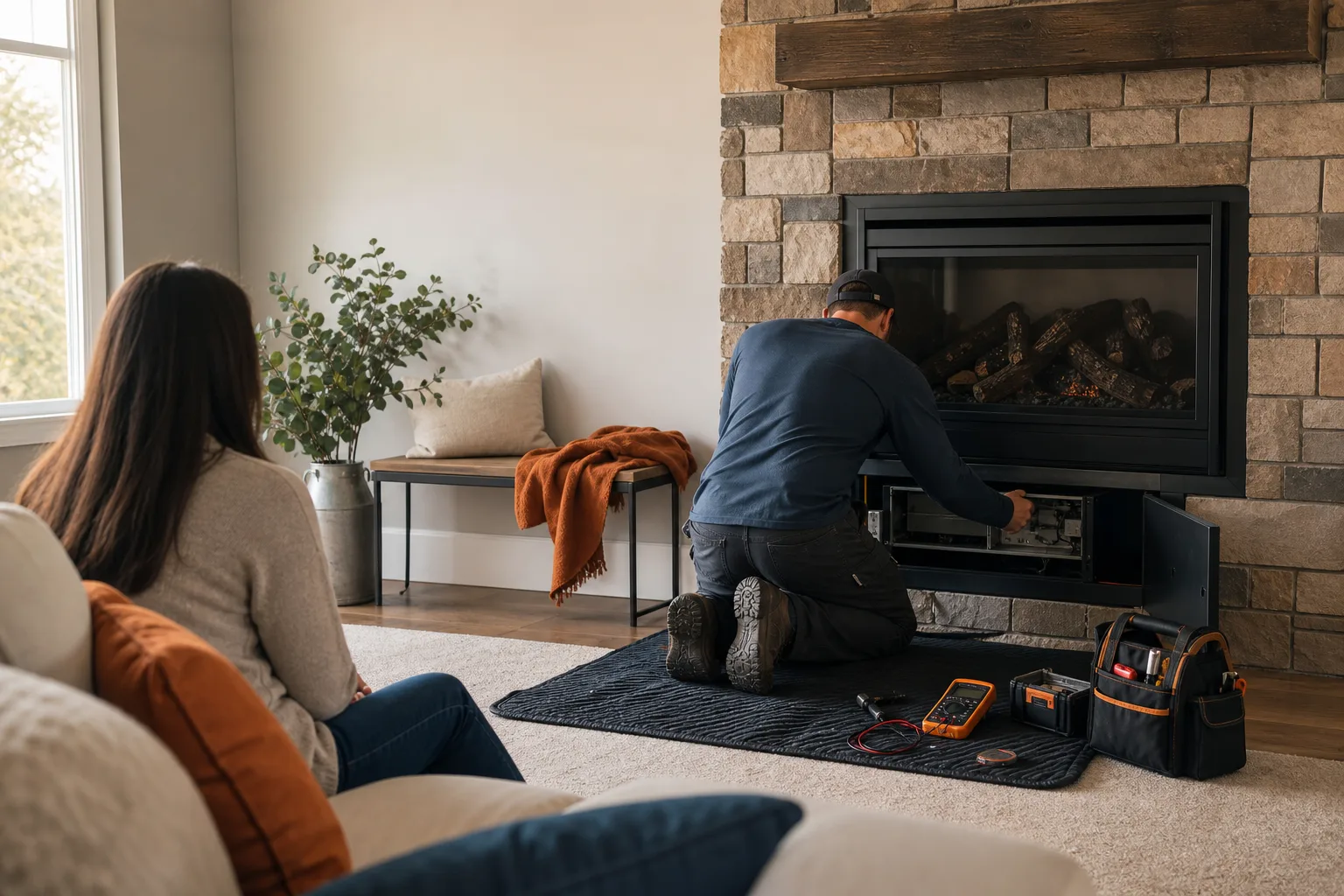 Gas fireplace repair technician inspecting a built-in unit in an American living room