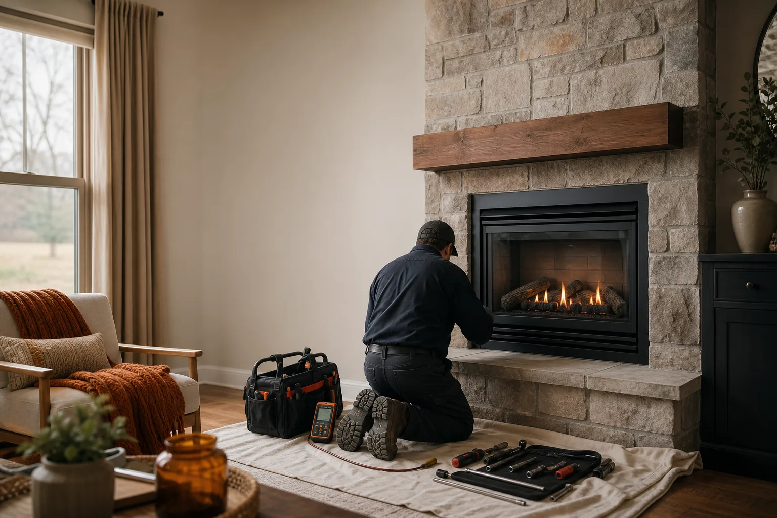 Gas fireplace repair technician inspecting a sealed unit in an American living room