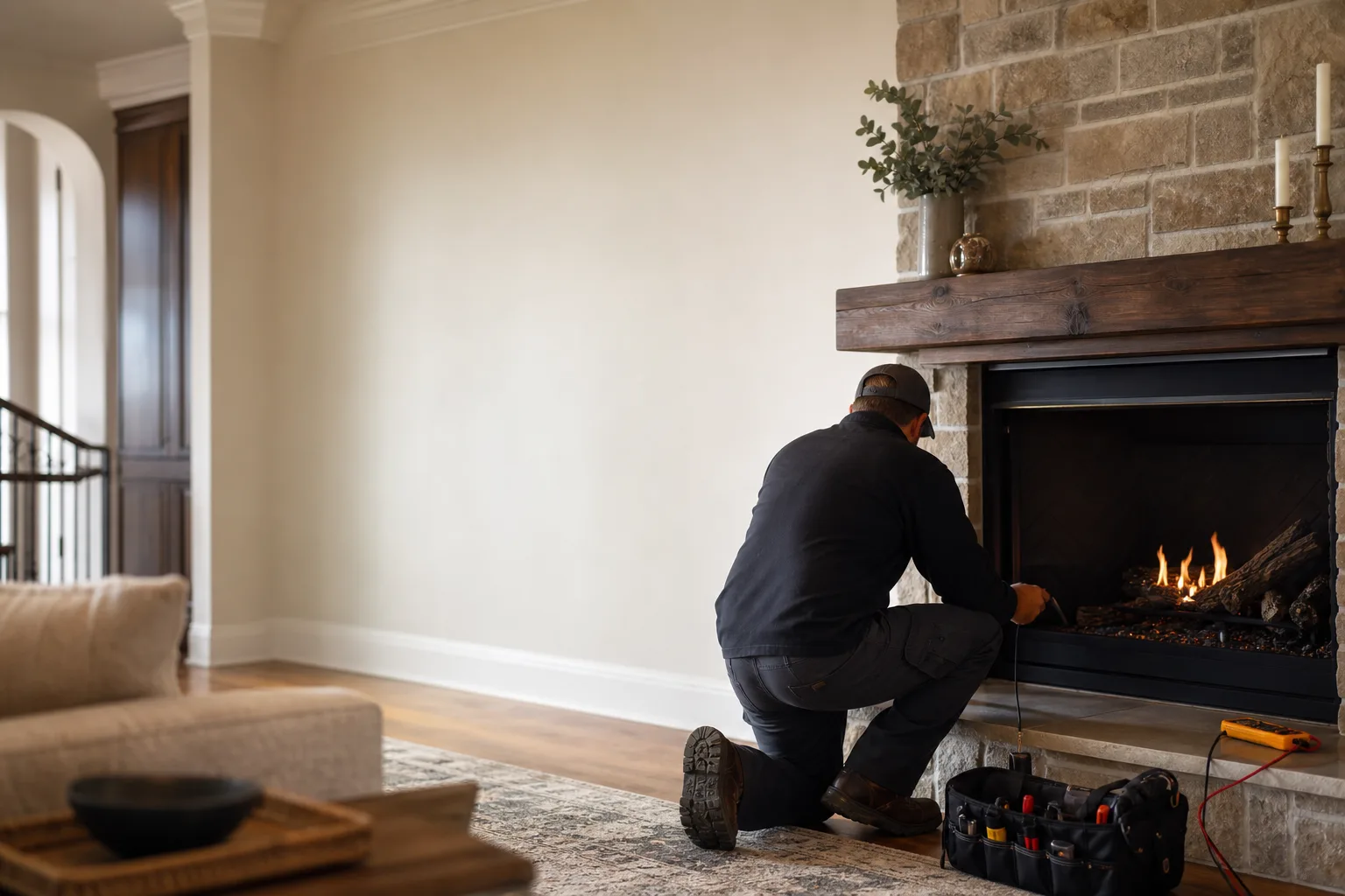 Gas fireplace service technician testing a lit fireplace in an American living room