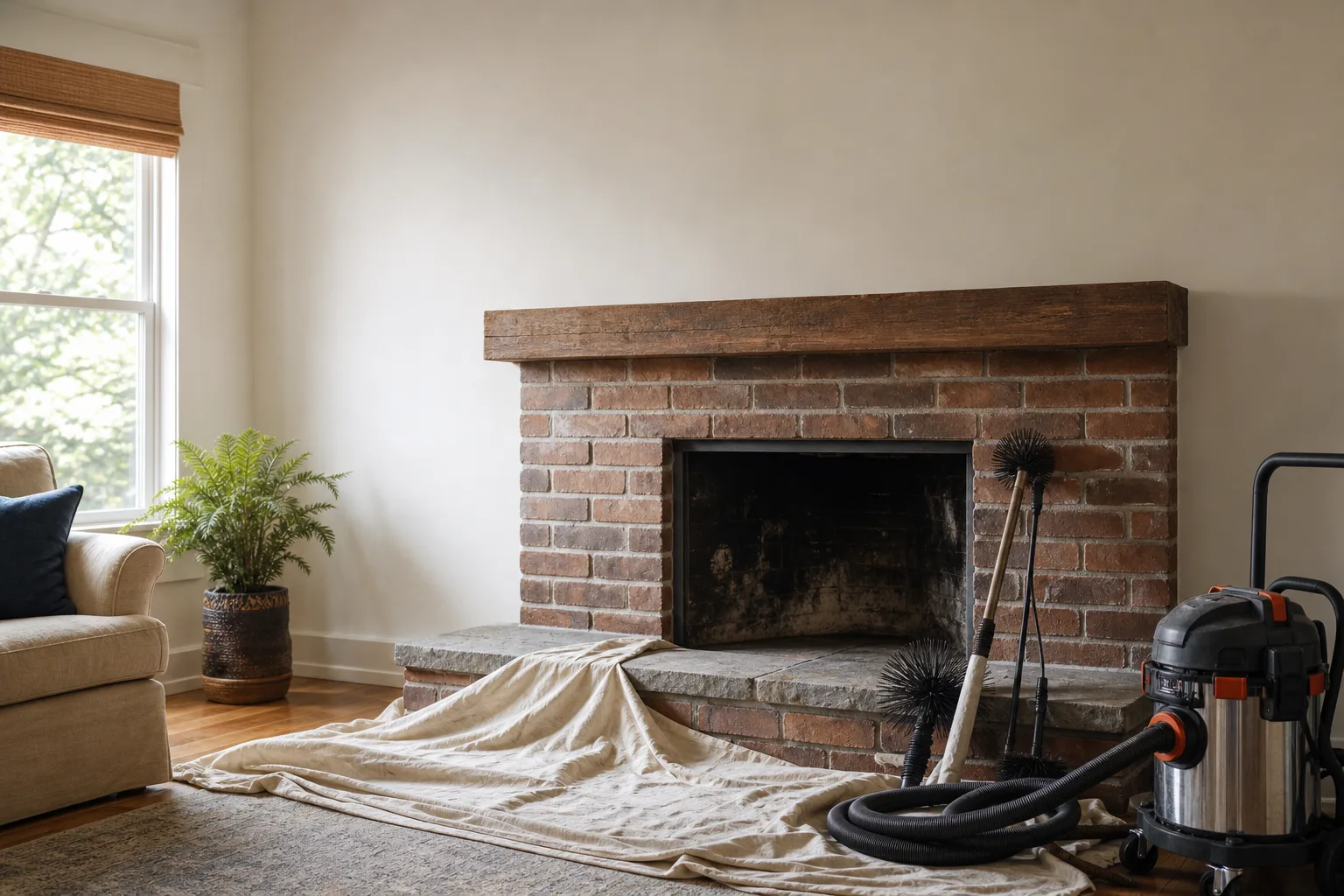 Drop cloth, brushes and vacuum set up in front of a brick fireplace for cleaning Drop cloth, brushes and vacuum set up in front of a brick fireplace for cleaning