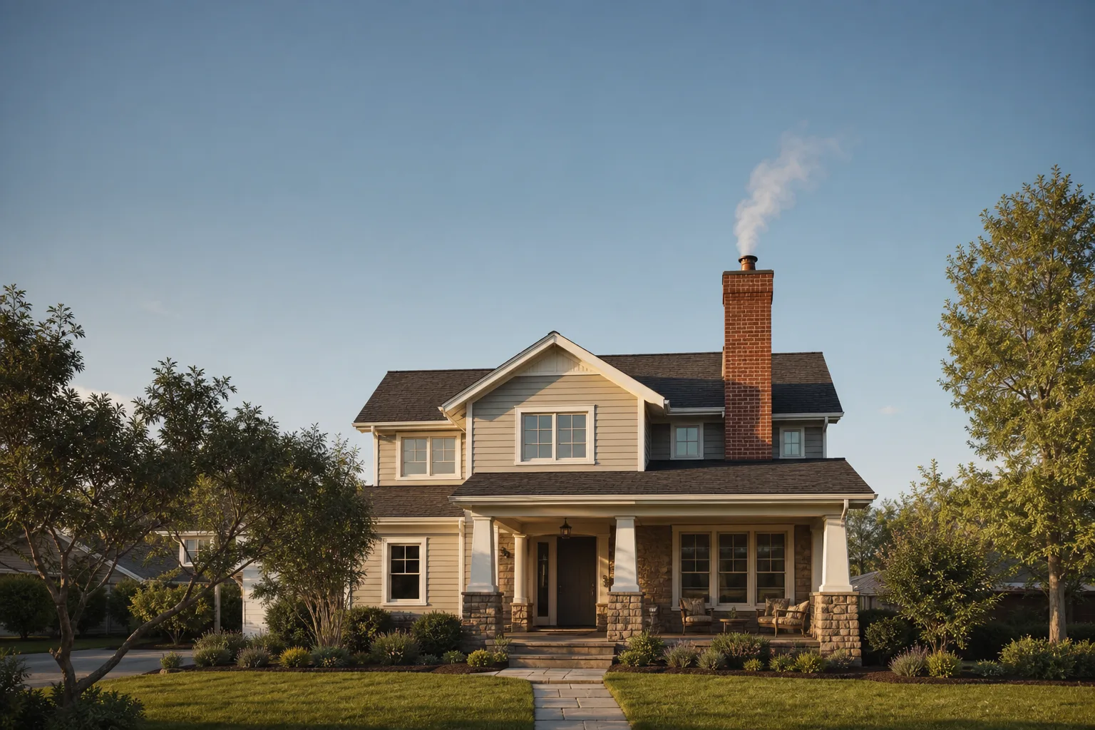 Red brick chimney with a faint wisp of smoke above a suburban home's roof Red brick chimney with a faint wisp of smoke above a suburban home's roof