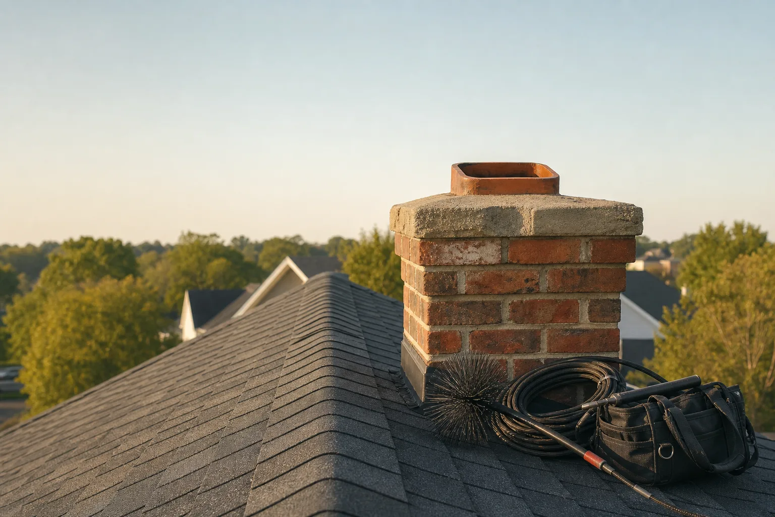 Open flue at the top of a brick chimney with inspection gear resting on the shingles Open flue at the top of a brick chimney with inspection gear resting on the shingles