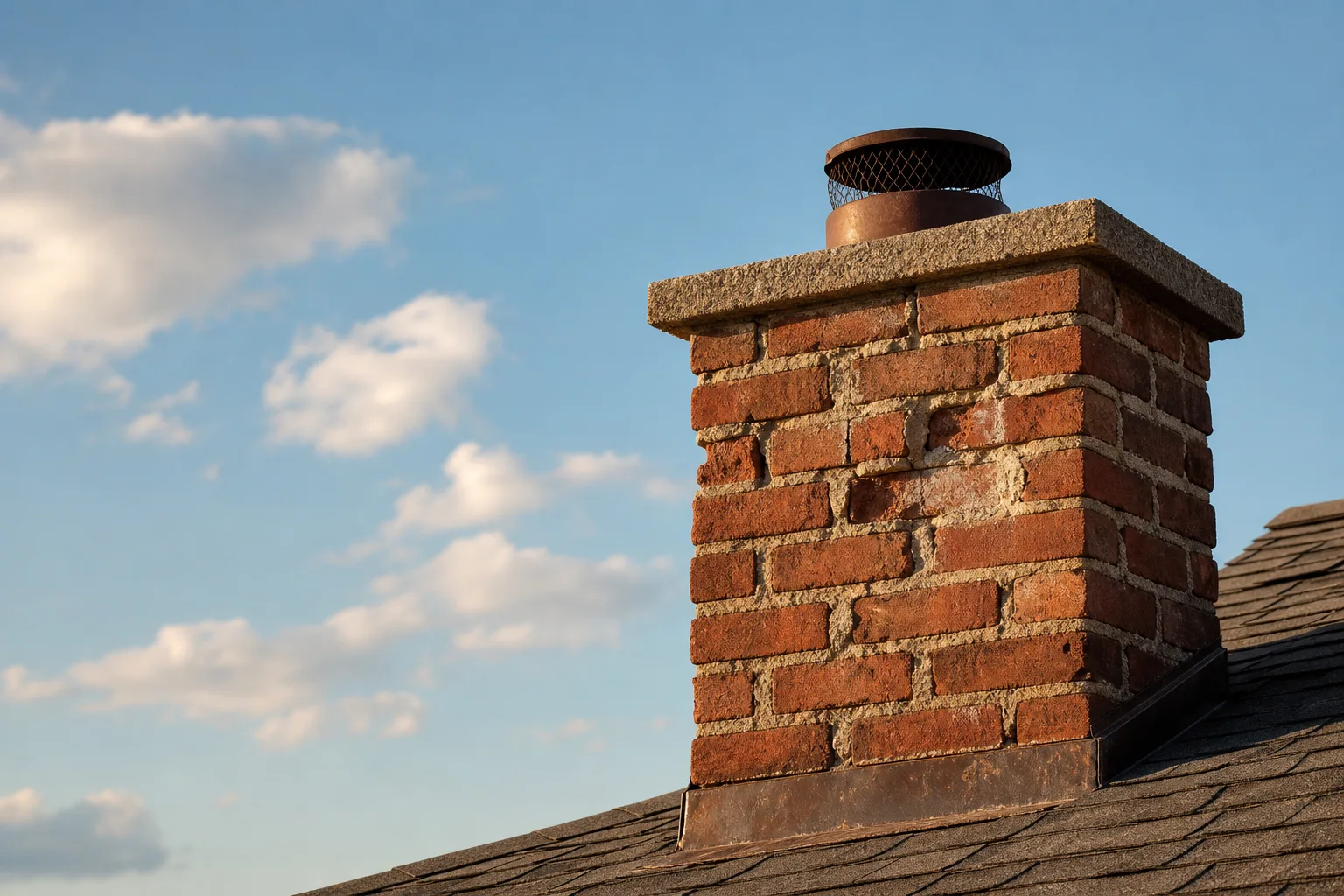 Masonry work needed on a weathered residential brick chimney with eroded mortar joints