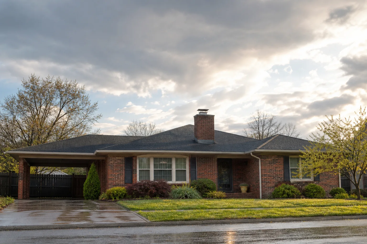 Brick chimney and roof flashing on a Tennessee home as storm clouds break behind it