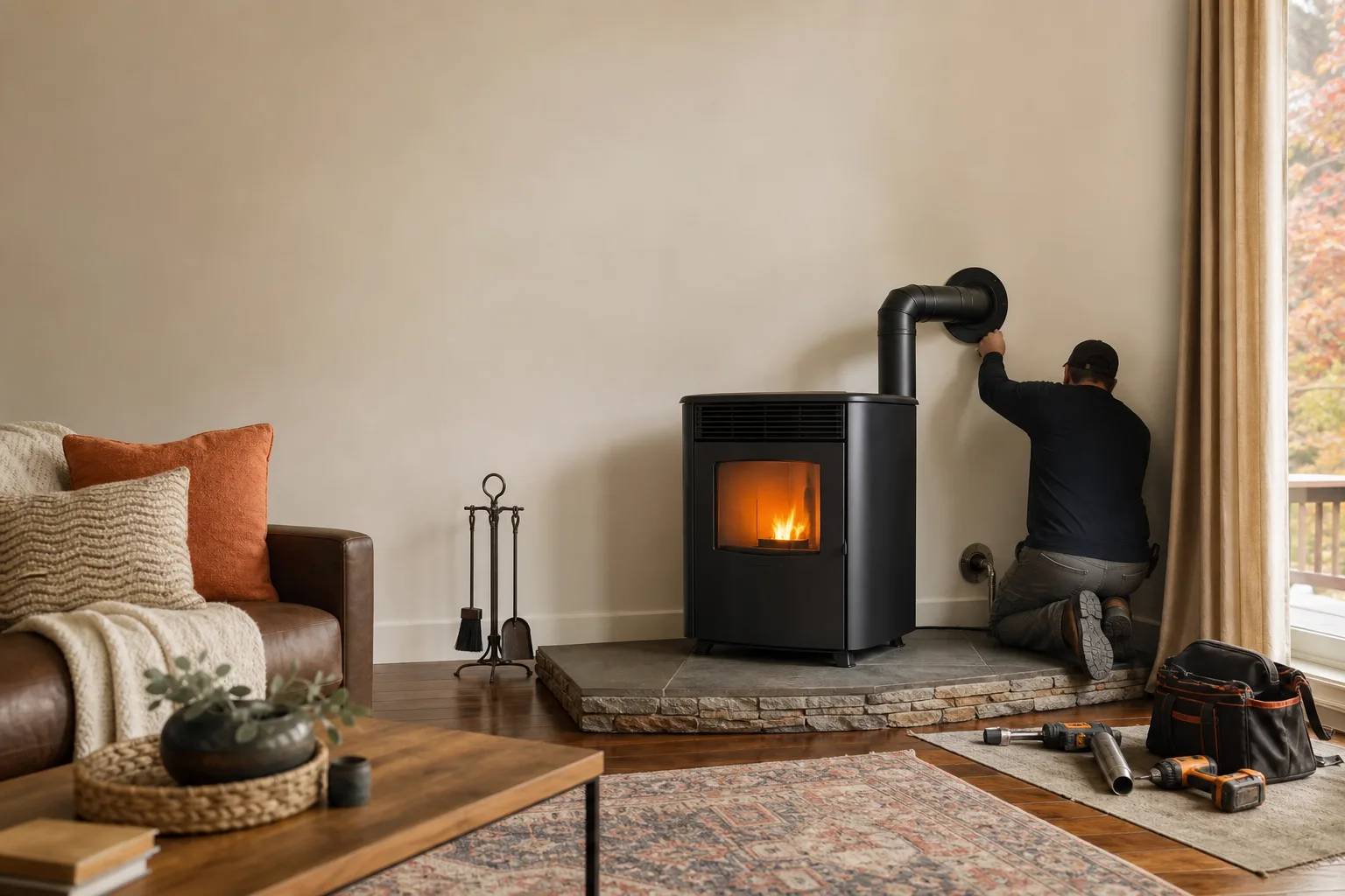 Pellet stove installation in a living room with venting routed through an exterior wall