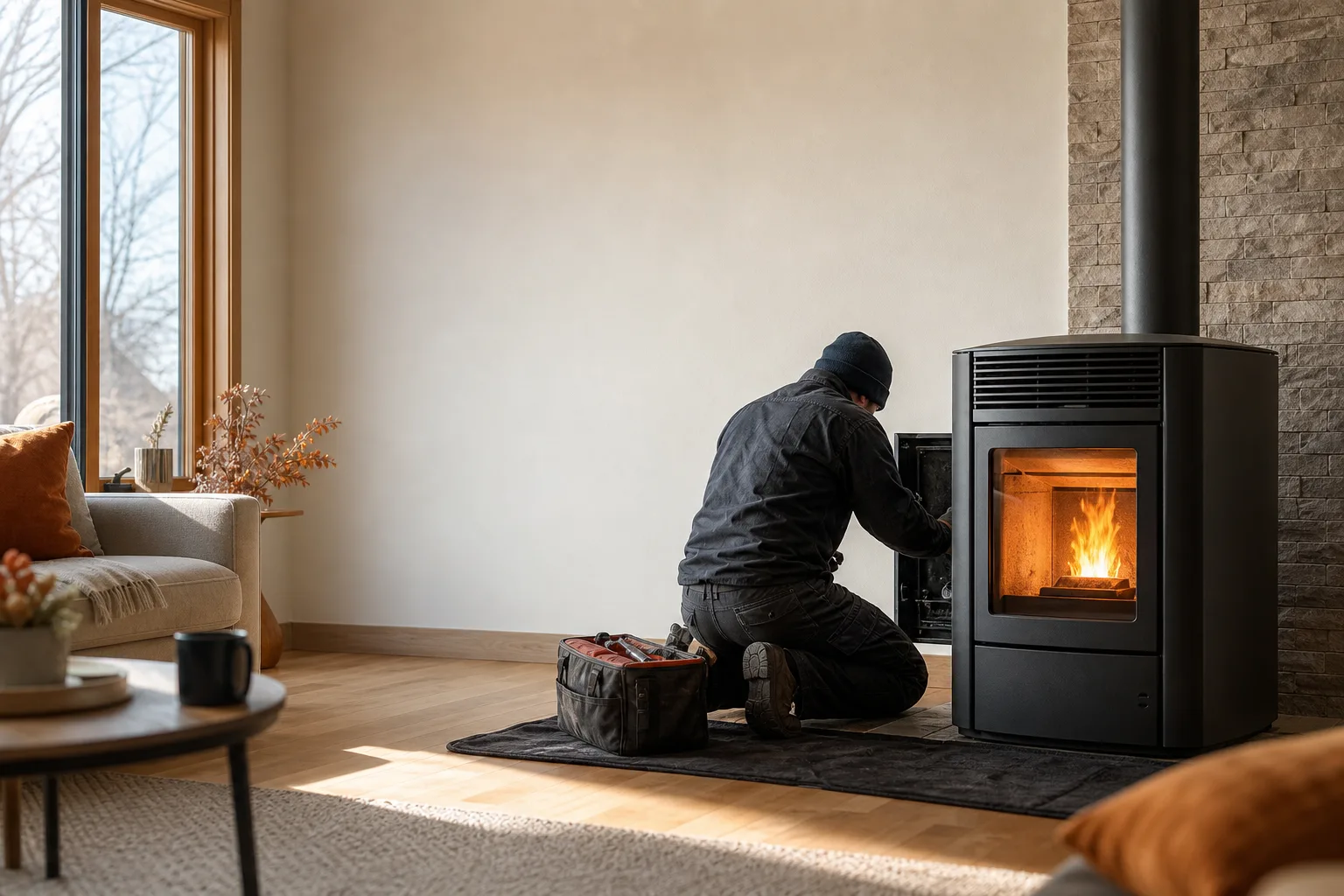 Pellet stove maintenance near me: a technician servicing a lit pellet stove in a home living room