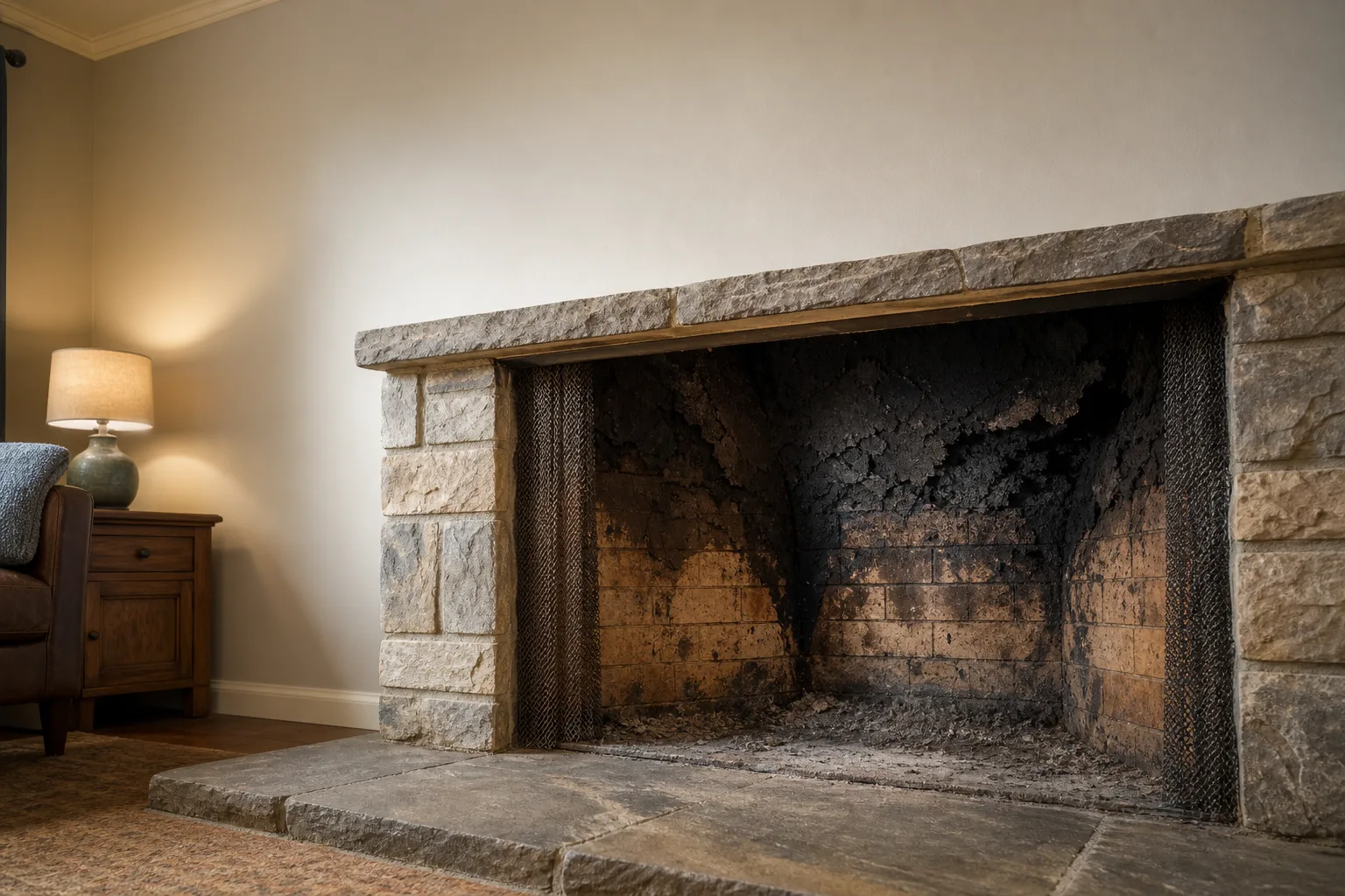 Dark flaky creosote deposits coating the inside of a fireplace flue above the hearth Dark flaky creosote deposits coating the inside of a fireplace flue above the hearth