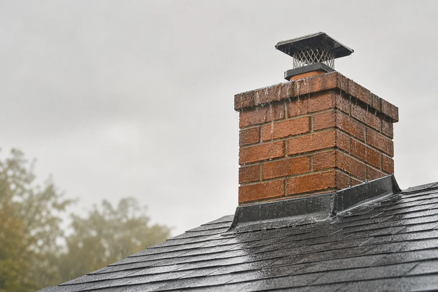 Rainwater running down a brick chimney and pooling at the roof flashing