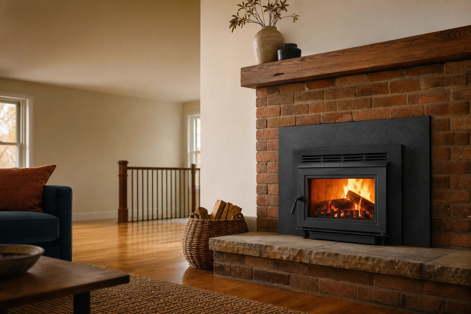Wood fireplace inserts installed in a brick masonry opening with a fire burning behind the glass door