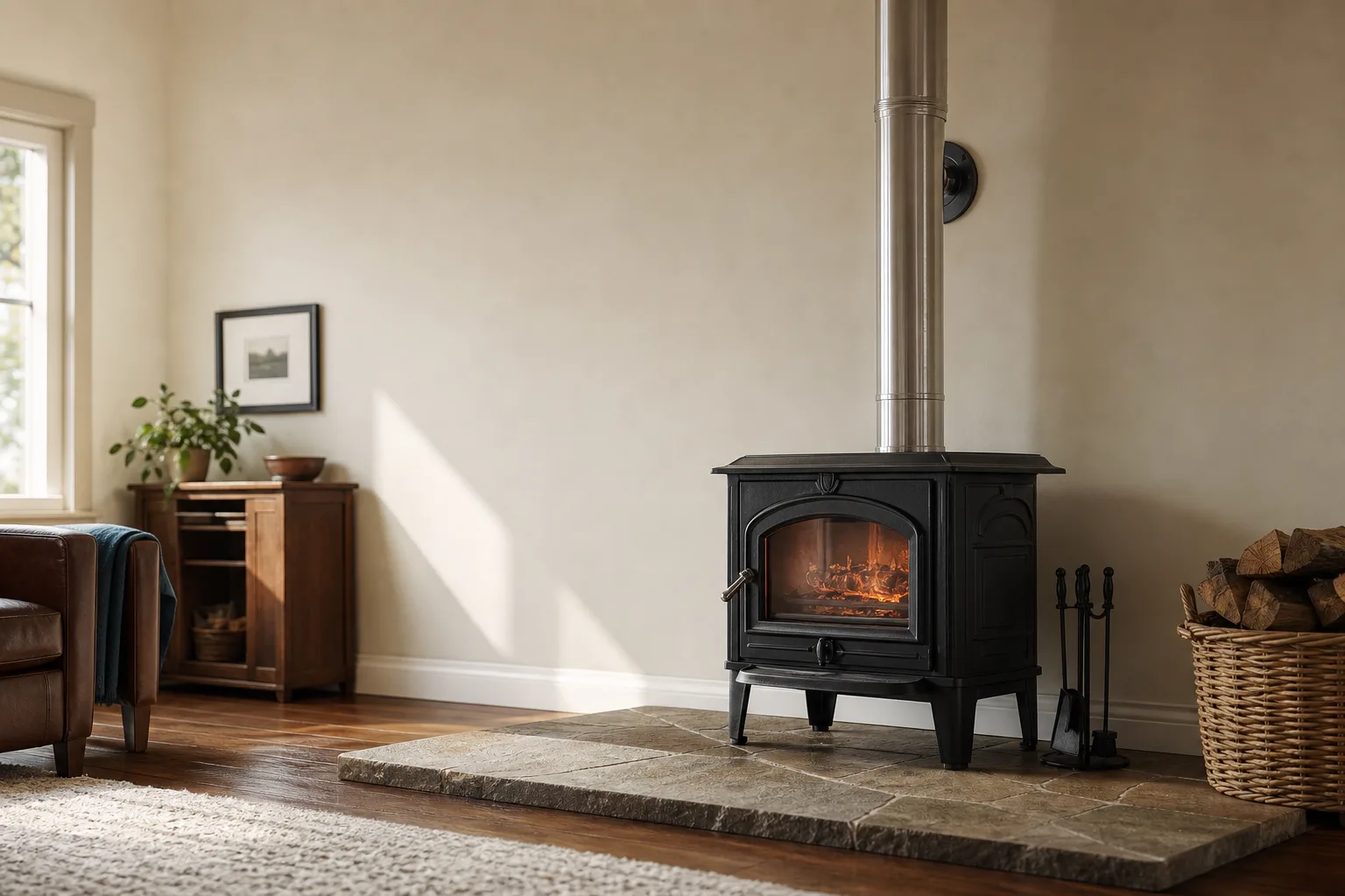 Wood stove installation near me: freestanding wood stove set on a stone hearth pad in a living room