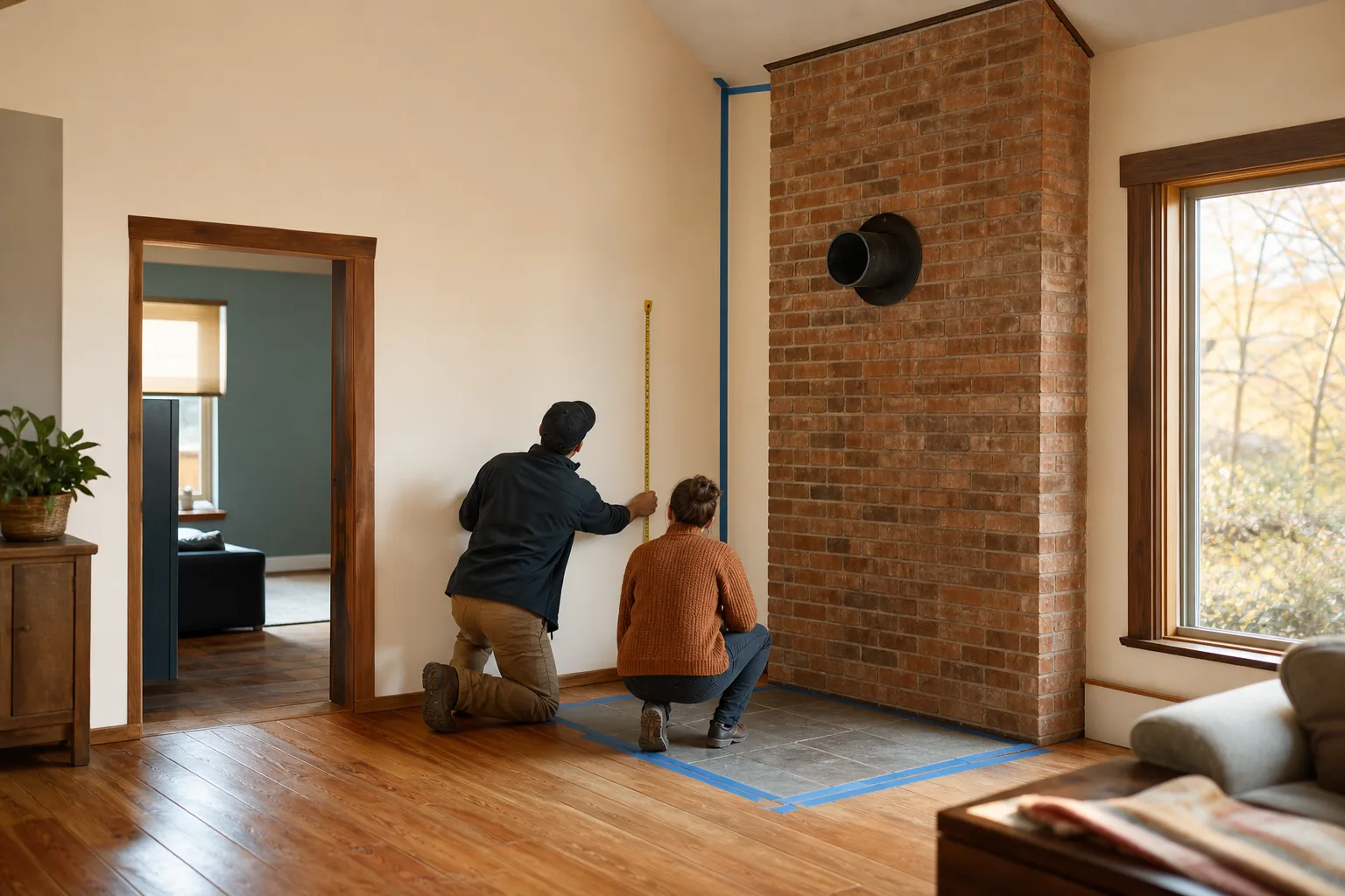 Wood stove installation assessment in a living room with chimney route planning