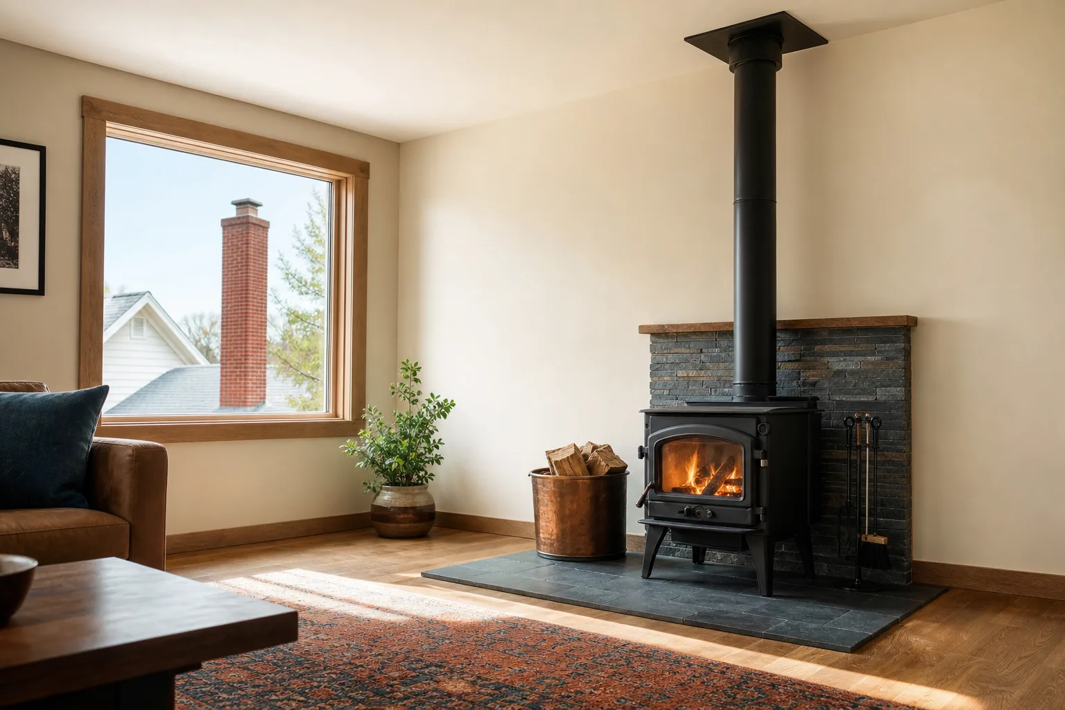 Wood stove pipe connects a freestanding stove to a ceiling chimney system