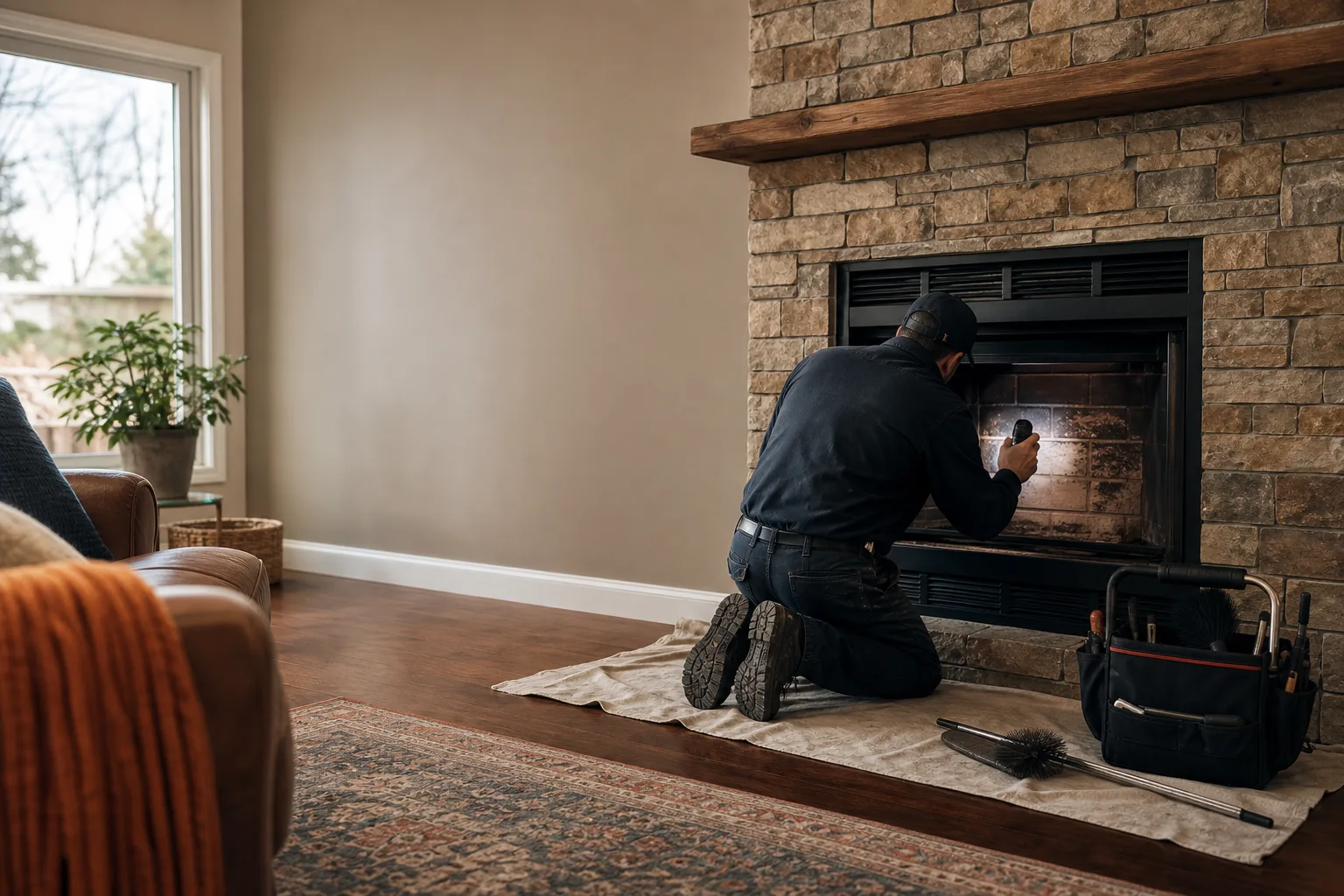 Zero clearance fireplace inspected by a technician in a finished living room