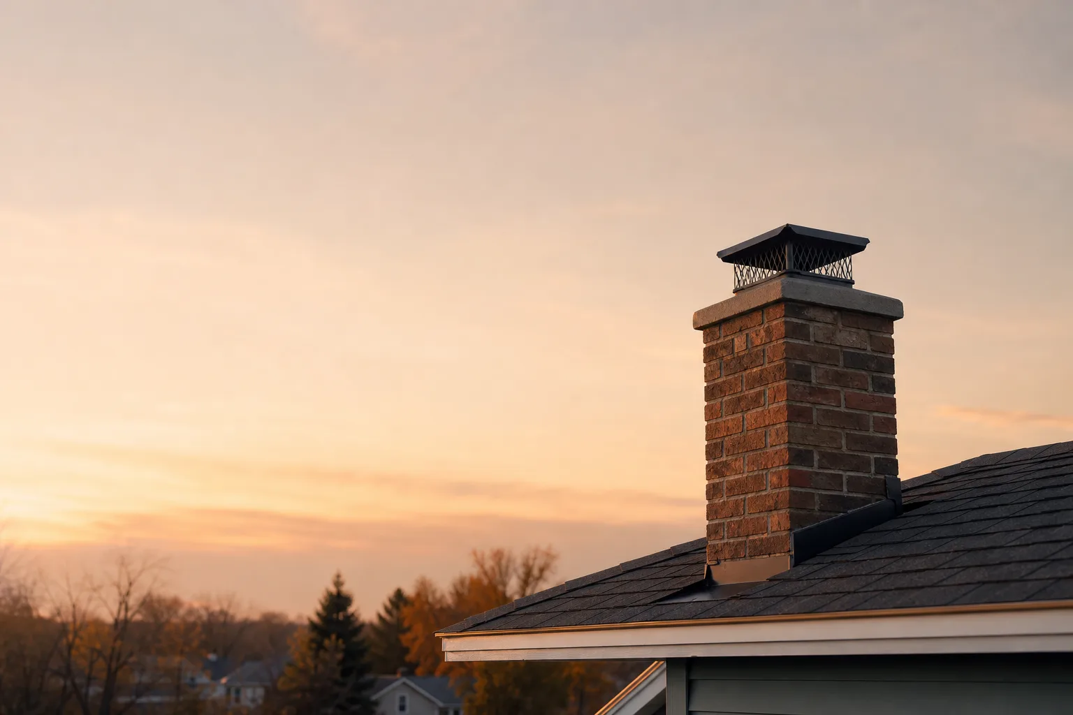 Capped brick chimney silhouetted against a soft dusk sky above a tidy residential rooftop Capped brick chimney silhouetted against a soft dusk sky above a tidy residential rooftop