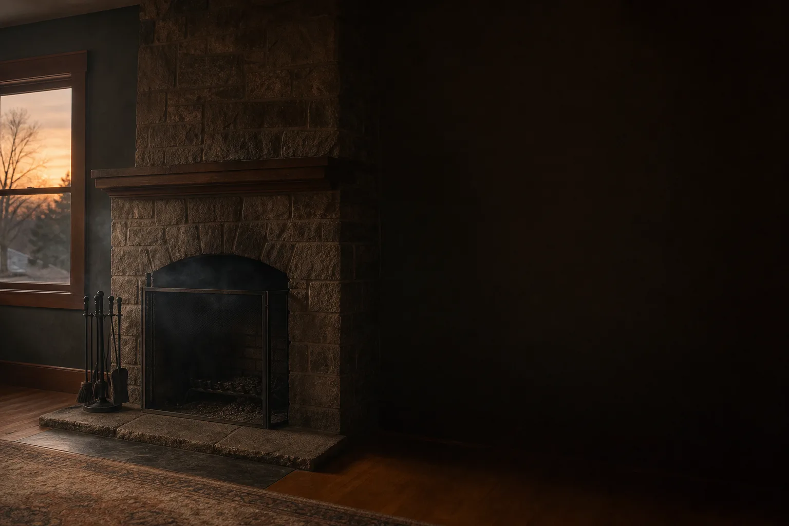 Faint smoke haze drifting above a cold, empty masonry firebox in a dim unlit room