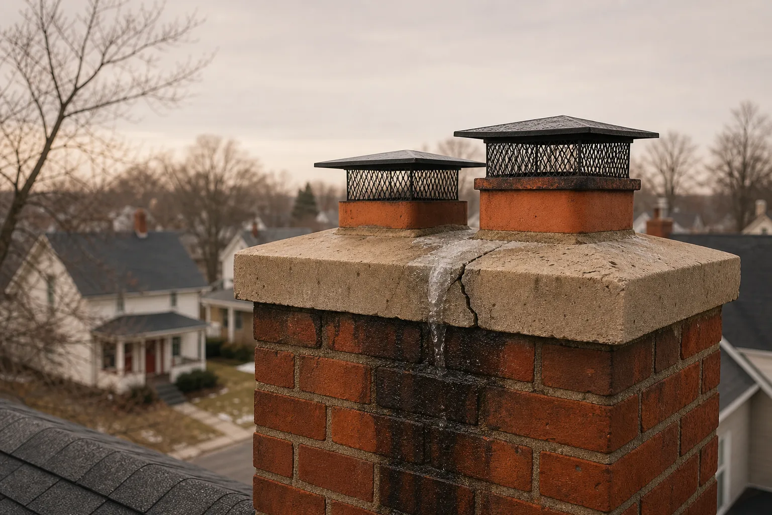 Cracked chimney crown holding ice in the split with meltwater staining the brick below