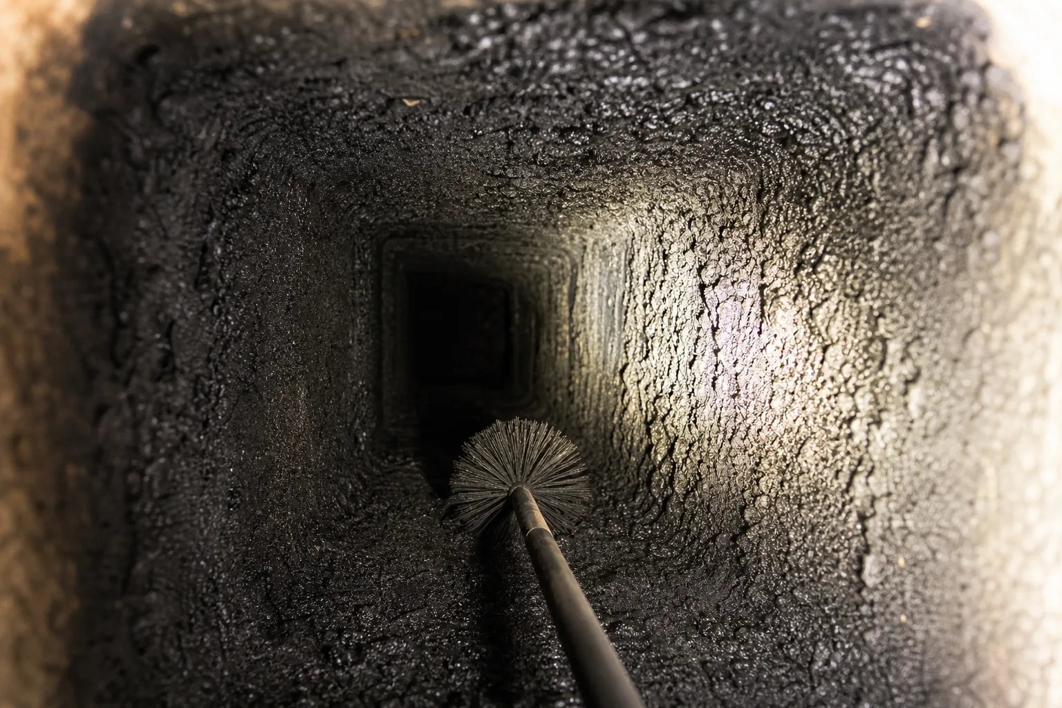 Work light raking across thick dark creosote buildup inside a chimney flue