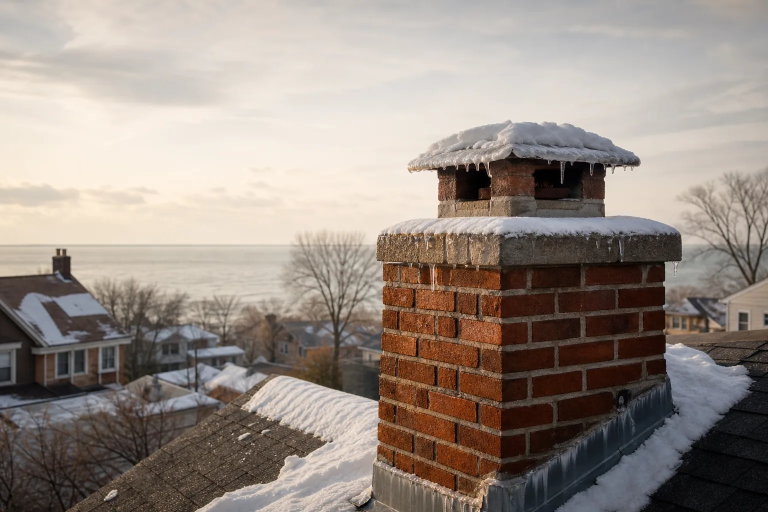 Brick chimney buried in wet snow with iced flashing above a grey lakeshore